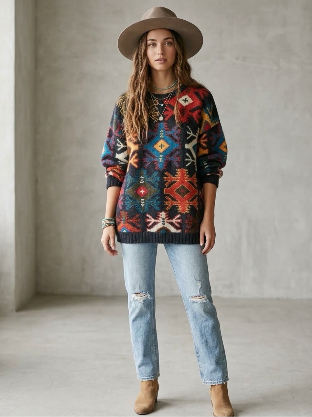 Vintage Handmade Oversized Wool Aztec Pattern Knit sweater Unisex
